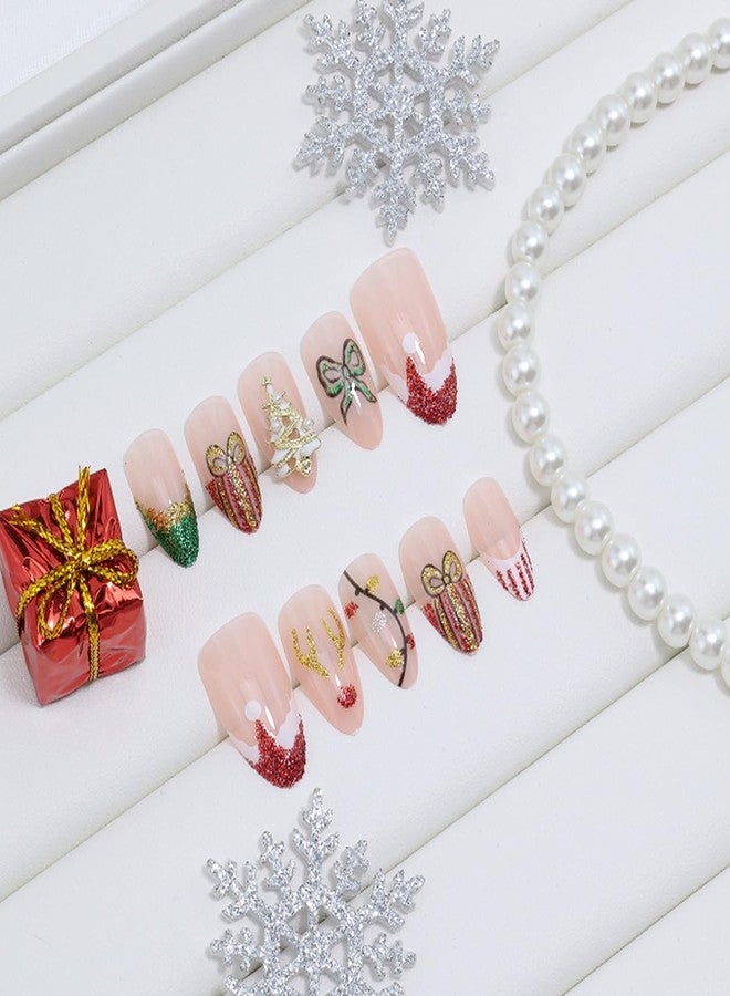 KRTBKR 24Pcs Christmas Press on Nails Short Almond Elk Fake Nails Colorful Lights Glitter Red Green Design with Xmas Tree Rhinestones Glue on Nails French Tip False Nails for Women Winter Holiday Acrylic DIY - Image 4